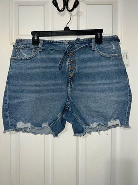 High-Rise Distressed Blue Denim Shorts with Button Fly